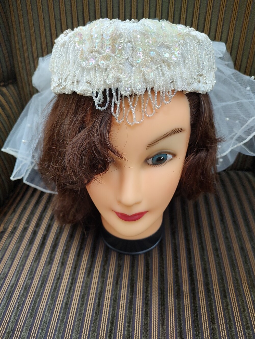 Vintage Ivory Beaded Bridal Pillbox Veil Hat
